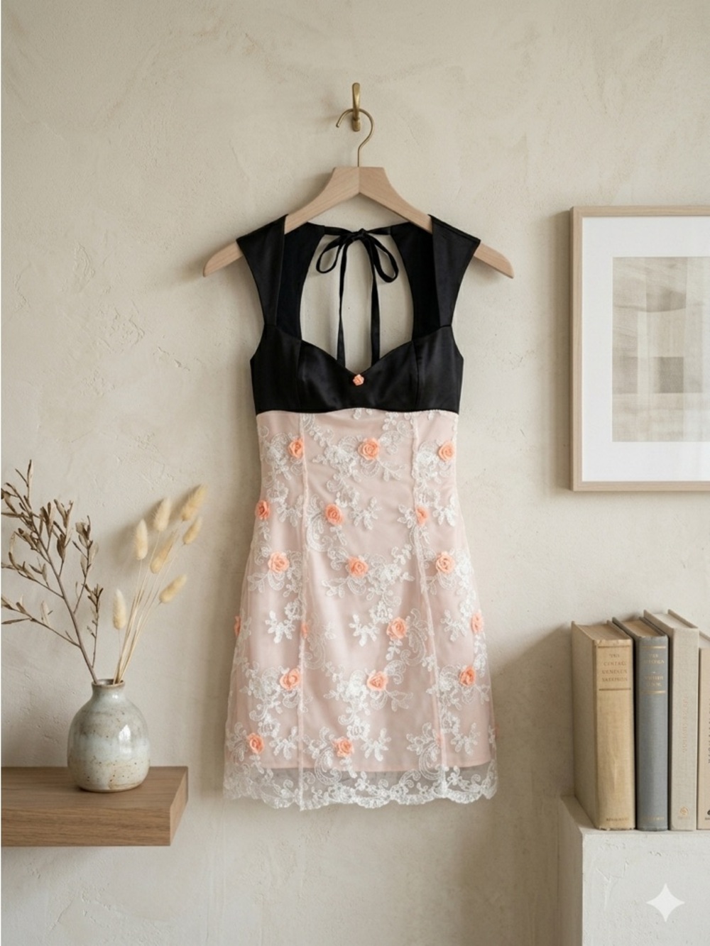 For Love & Lemons Tessa Mini Dress Black Satin Floral Lace Medium NWT